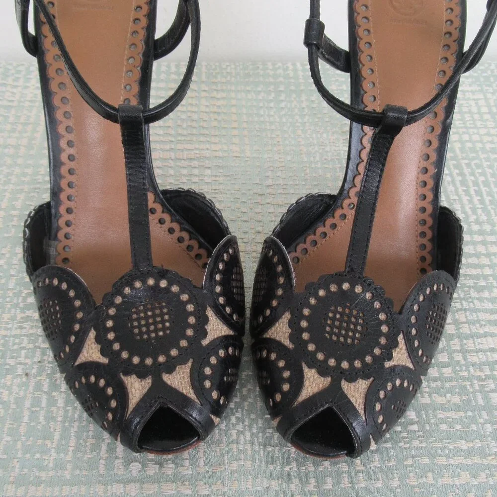 TORY BURCH, ALEXA Genuine Leather Peep Toe High Heel Sandal Black & Tan Sz. 6.5 - Picture 4 of 13